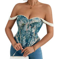 Embroidered Strapless Corset Top with Floral Artwork and Structured Fit