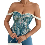 Embroidered Strapless Corset Top with Floral Artwork and Structured Fit