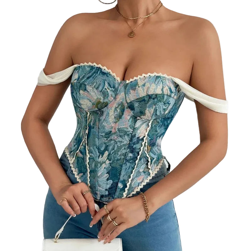 Embroidered Strapless Corset Top with Floral Artwork and Structured Fit