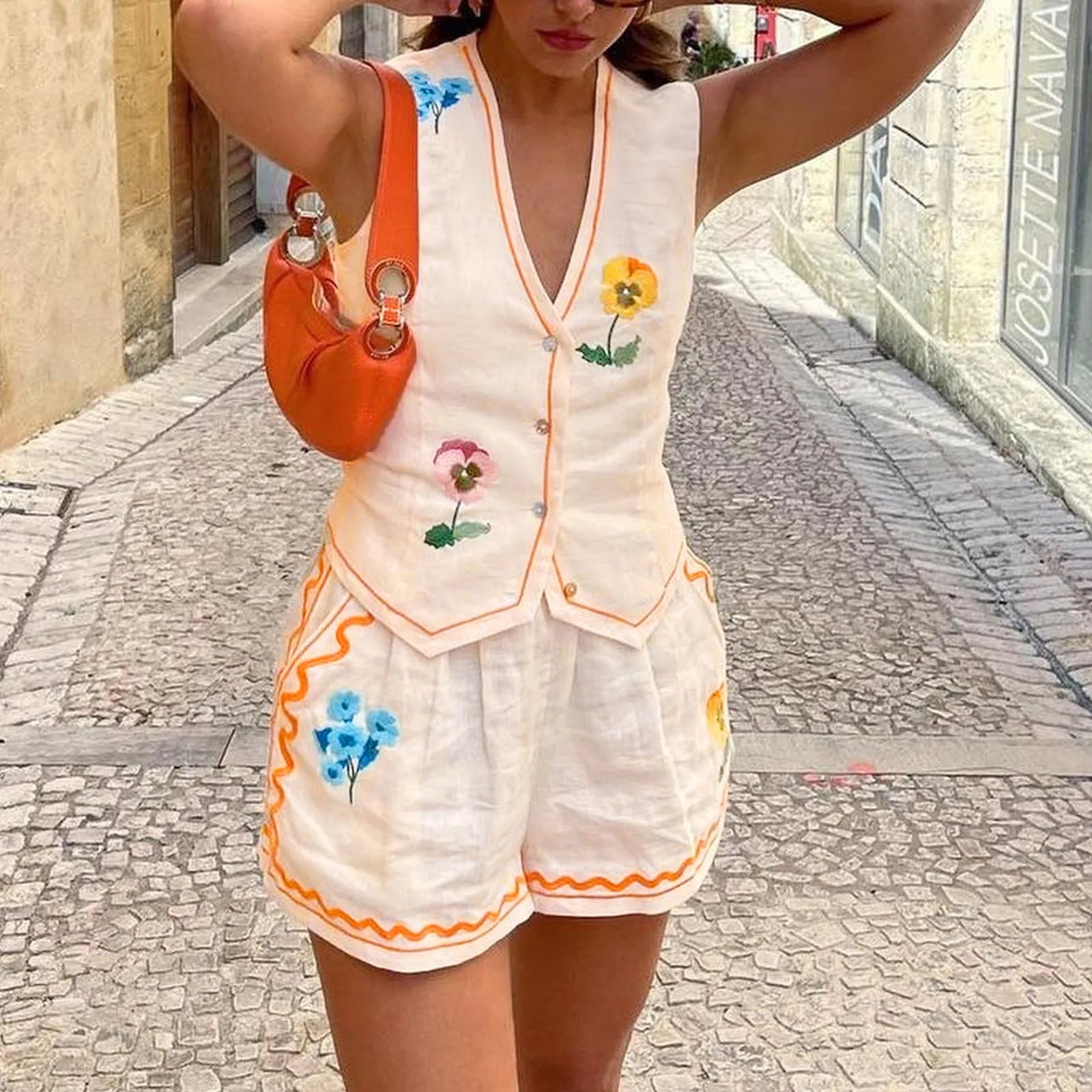 Embroidered V Neck Vest and Shorts Summer Co-Ord Set for Women