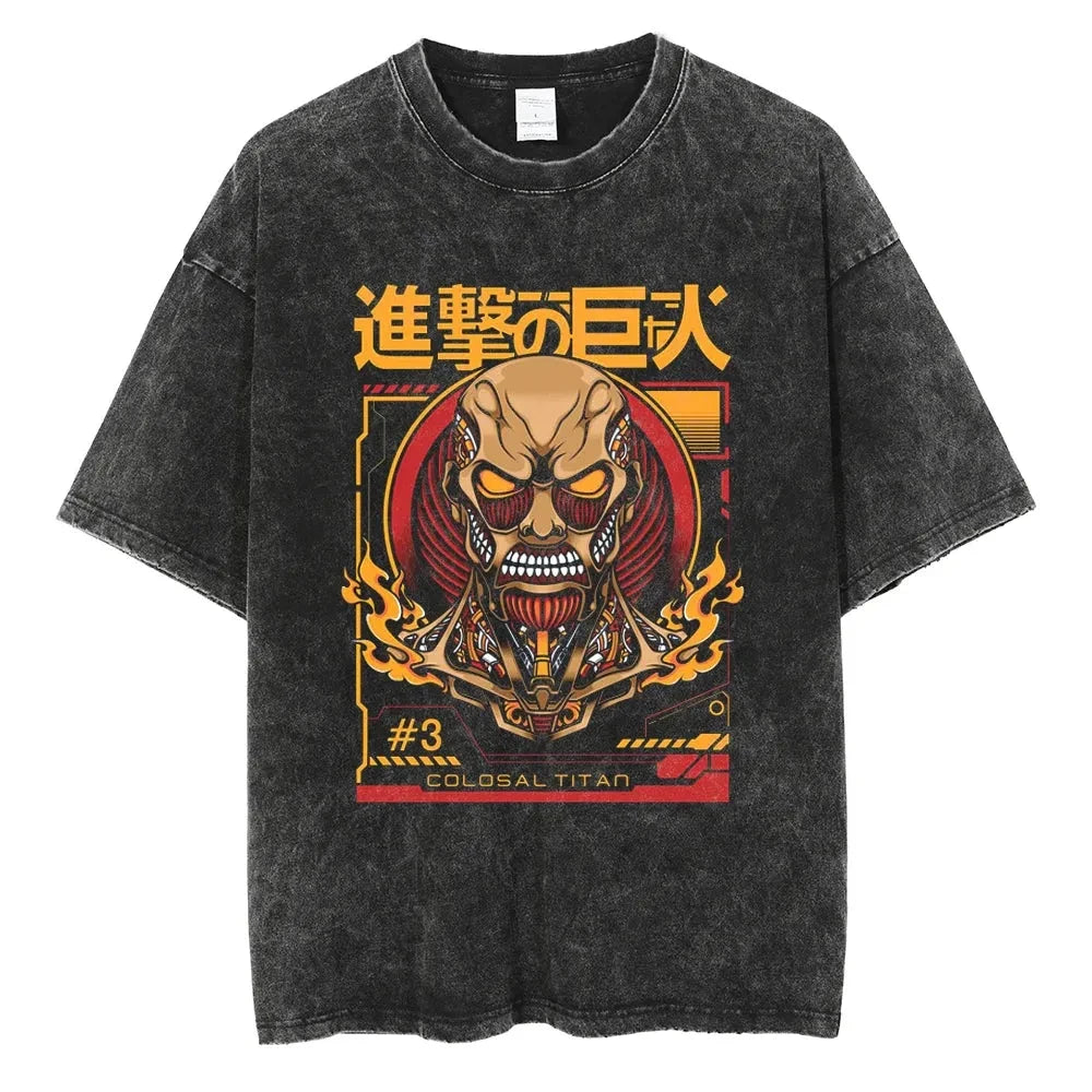 Cyberpunk Anime-Inspired Colossal Titan Streetwear Oversized Washed Cotton T-Shirt