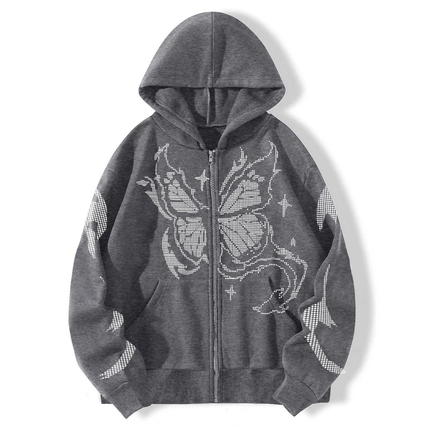 Oversized Butterfly Graphic Zip Hoodie with Contemporary Streetwear Style