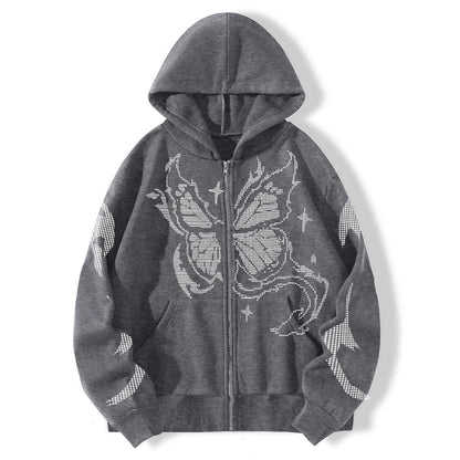Oversized Butterfly Graphic Zip Hoodie with Contemporary Streetwear Style