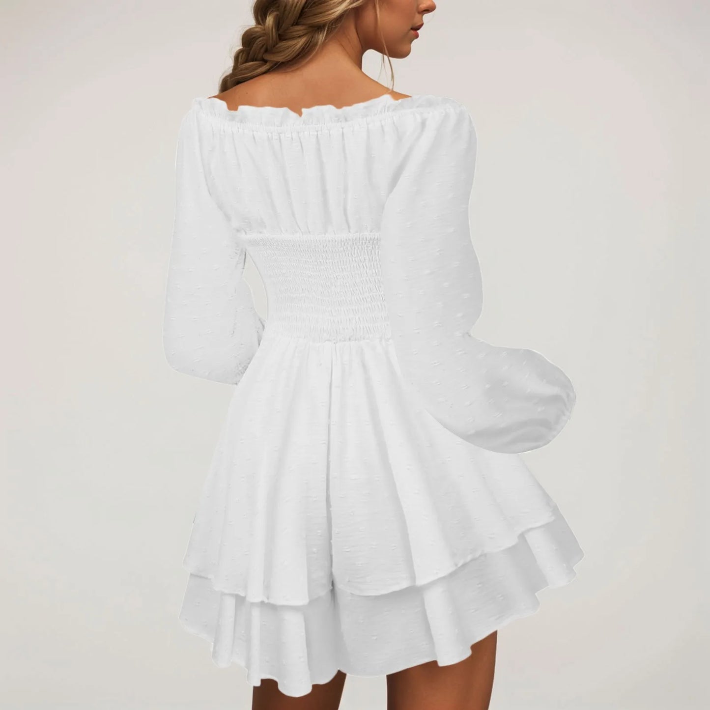 Off Shoulder Layered Ruffle Mini Dress with Flowing A-Line Silhouette