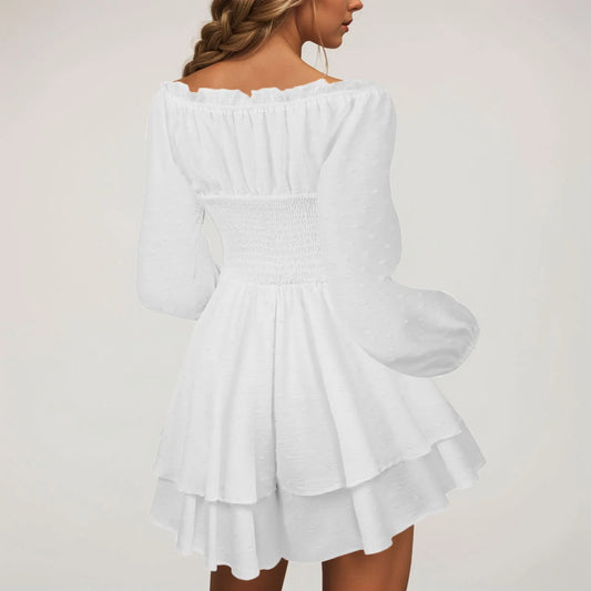 Off Shoulder Layered Ruffle Mini Dress with Flowing A-Line Silhouette