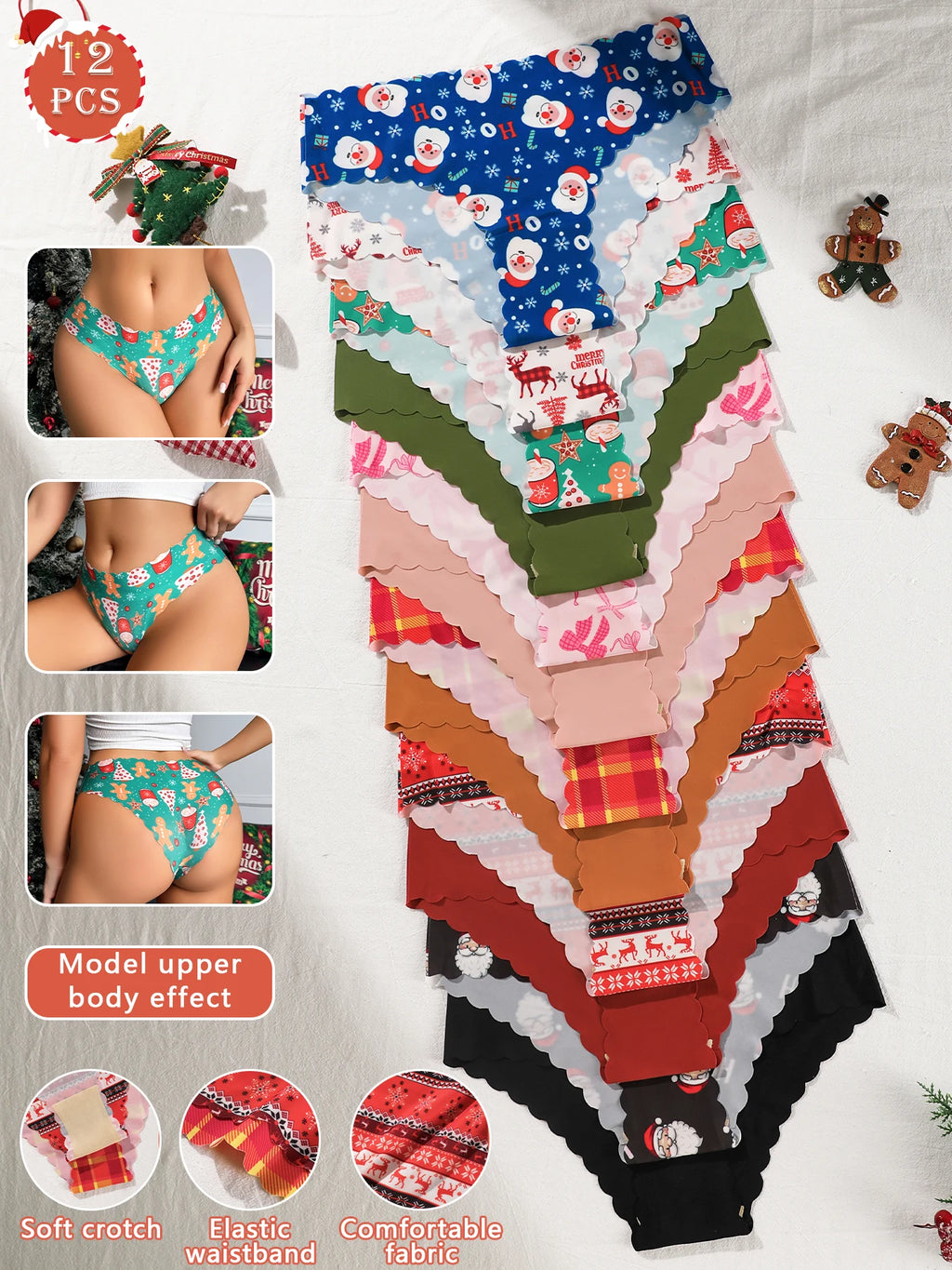 12-Piece Wavy-Edge Low-Rise Brief Set in Assorted Holiday Prints and Solids