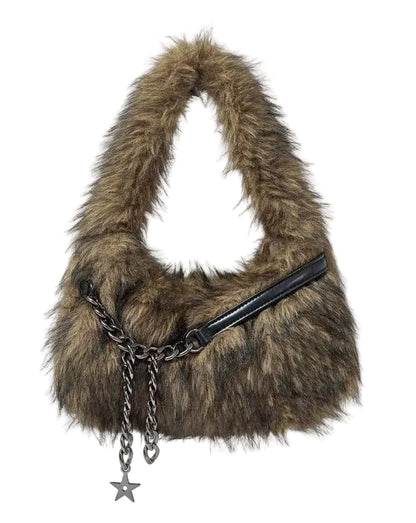 Faux Fur Hobo Shoulder Bag with Chain Detail Y2K Inspired Styling
