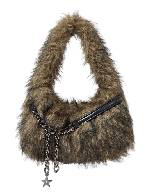 Faux Fur Hobo Shoulder Bag with Chain Detail Y2K Inspired Styling