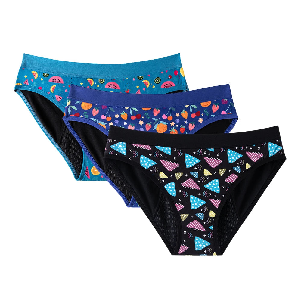 Three-Piece Floral Print Menstrual Brief Set with Contrast Waistbands