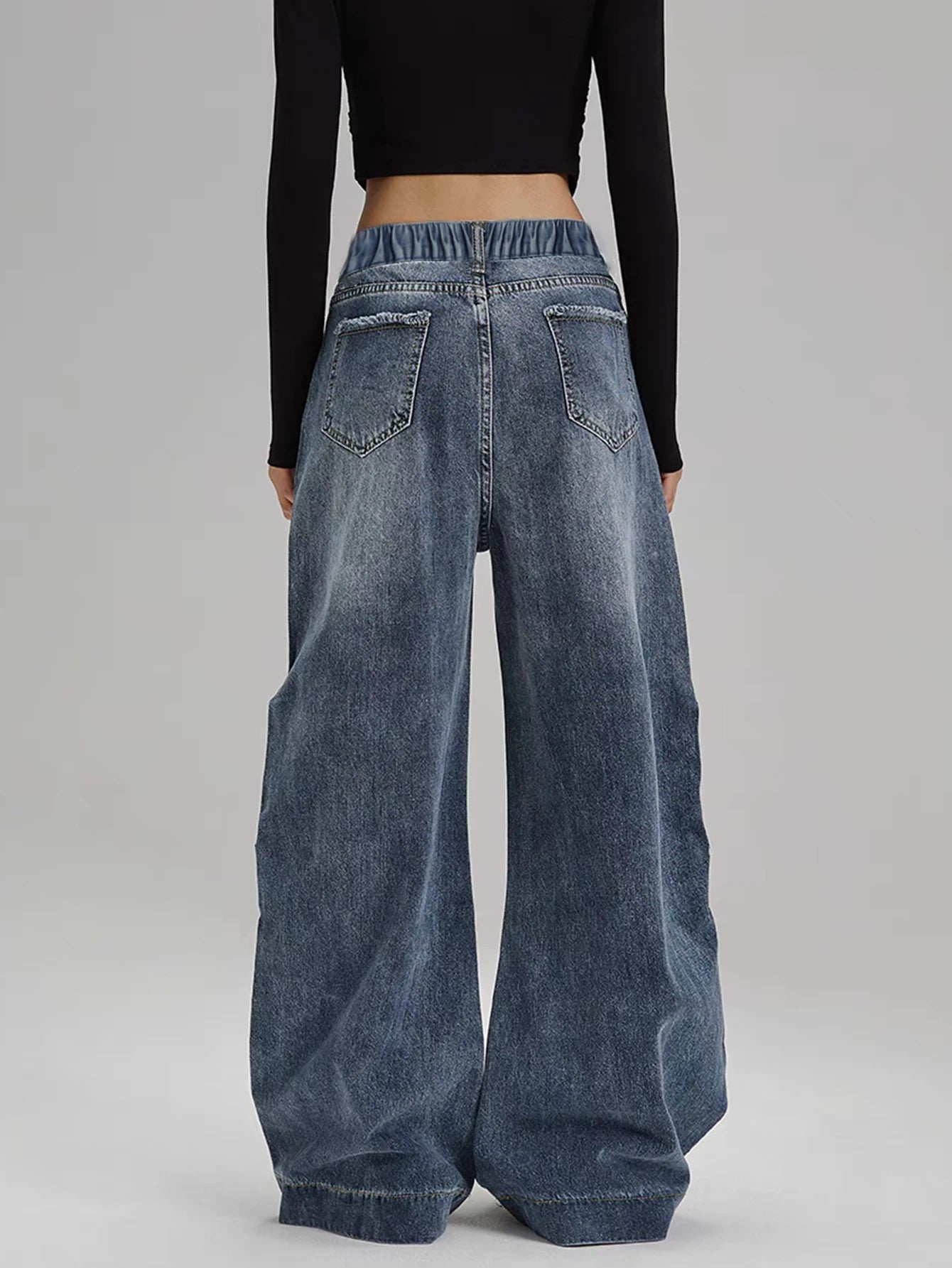 Women's Mid-Rise Loose Wide-Leg Straight Denim Jeans with Vintage Washed Everyday Casual Style