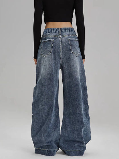 Women's Mid-Rise Loose Wide-Leg Straight Denim Jeans with Vintage Washed Everyday Casual Style