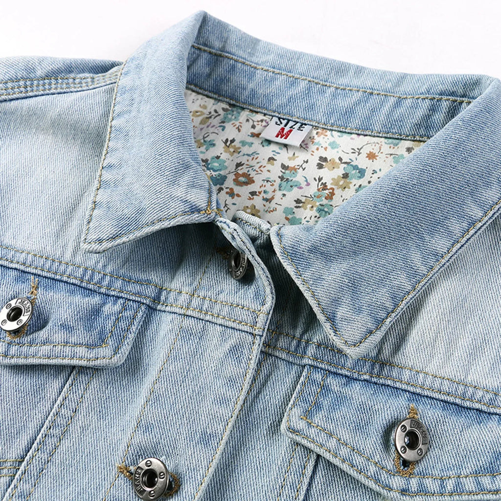 Women's Cropped Denim Jacket with Rolled Sleeves Vintage Streetwear Appeal