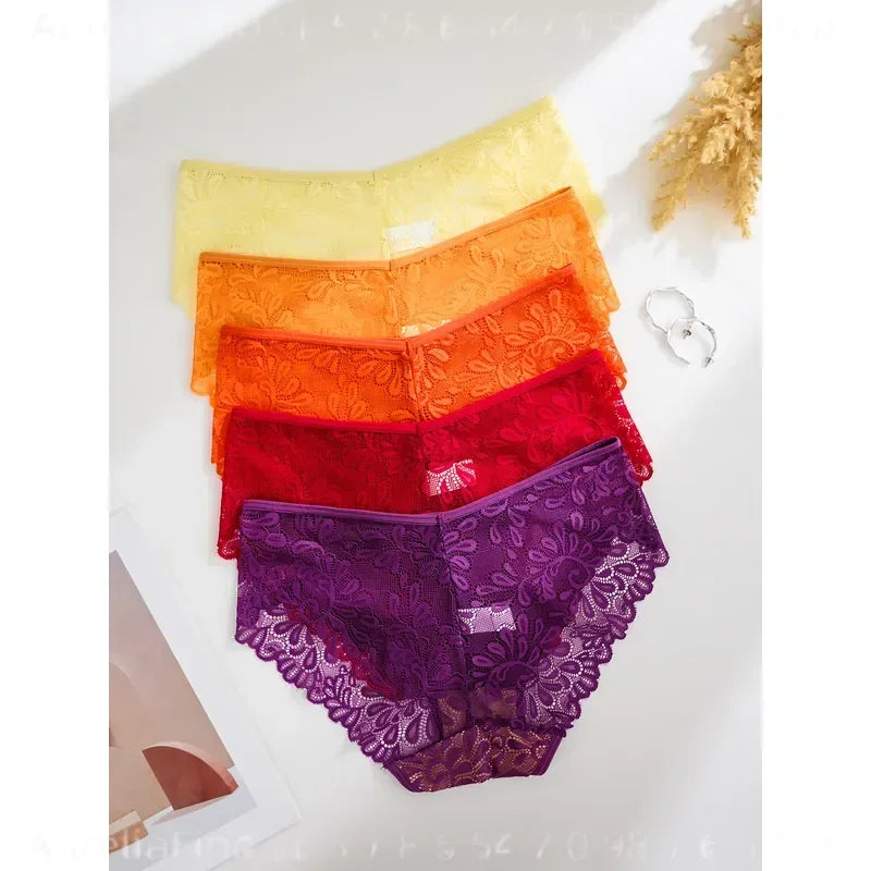5-Piece Women’s Lace Mid-Rise Briefs Set with Openwork Detailing, Soft Stretch Silhouette and Assorted Feminine Colors