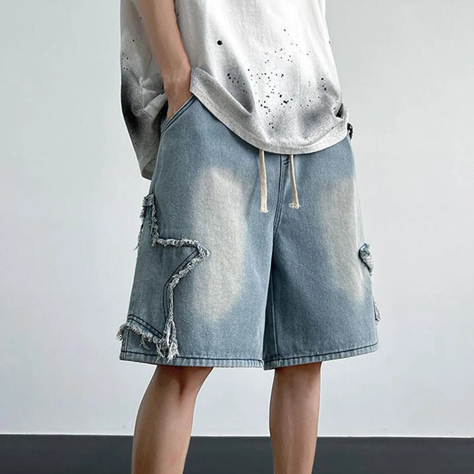 Light Wash Denim Shorts with Relaxed Straight Leg and Casual Streetwear Fit