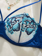 Sapphire Blue Embroidered Half-Cup Bra Set with Strappy Accents