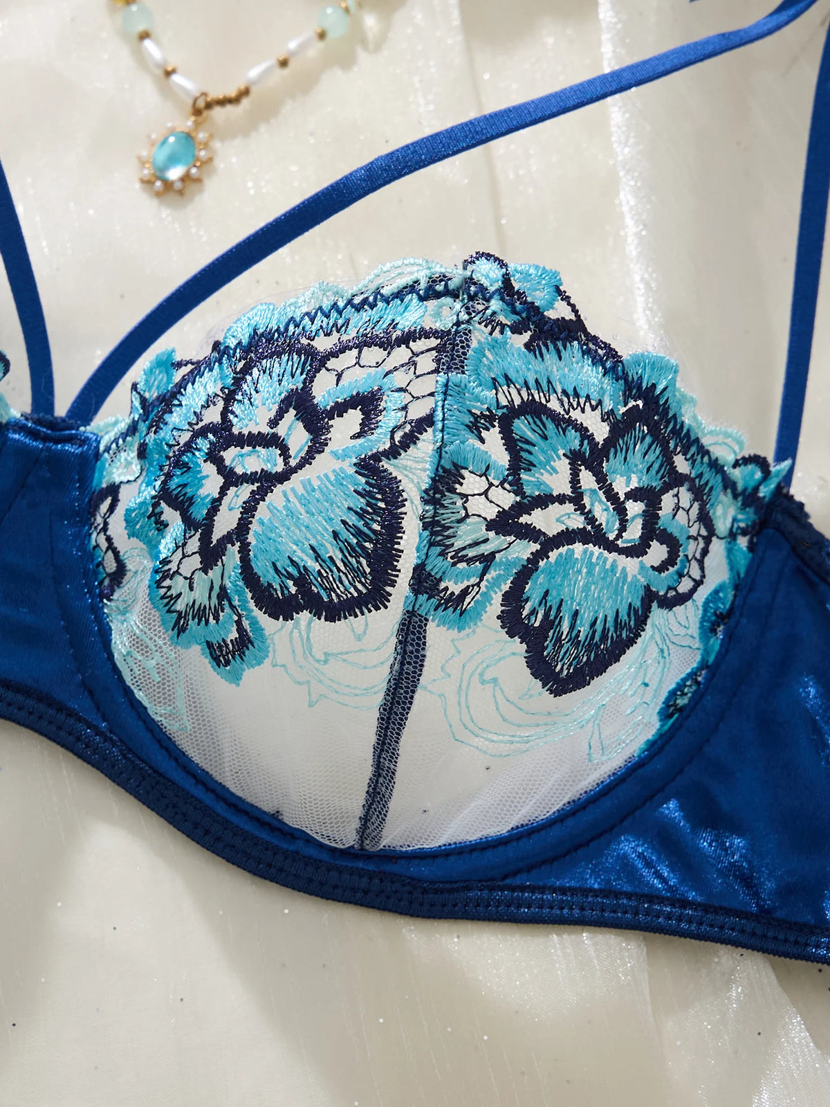 Sapphire Blue Embroidered Half-Cup Bra Set with Strappy Accents