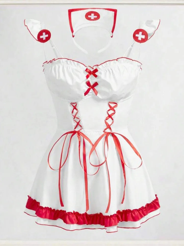 Classic White Roleplay Nurse Mini Dress with Red Corset Lacing and Ruffled Hem
