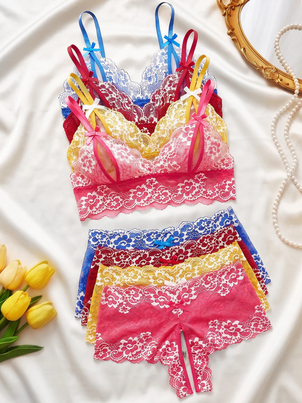 Vibrant Four-Piece Floral Lace Wire-Free Bralette and Panty Collection