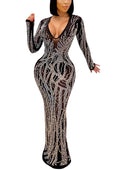 Sheer Sleeve Rhinestone Detail Maxi Dress with Bodycon Silhouette and Slit
