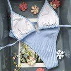 Light Blue and White Striped Triangle String Bikini Set