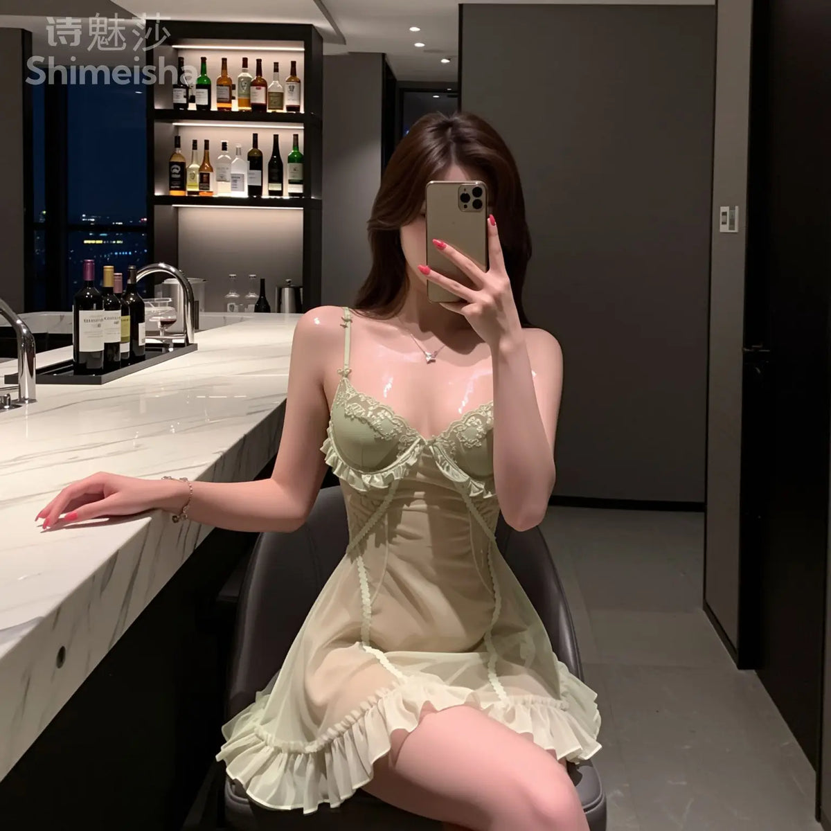 Ethereal Pale Green Sheer Mesh Babydoll with Ruffled Skirt and Gathered Bust