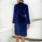 Romantic Navy Blue Velvet-Finish Two-Piece Sleepwear Set with Black Lace Trim