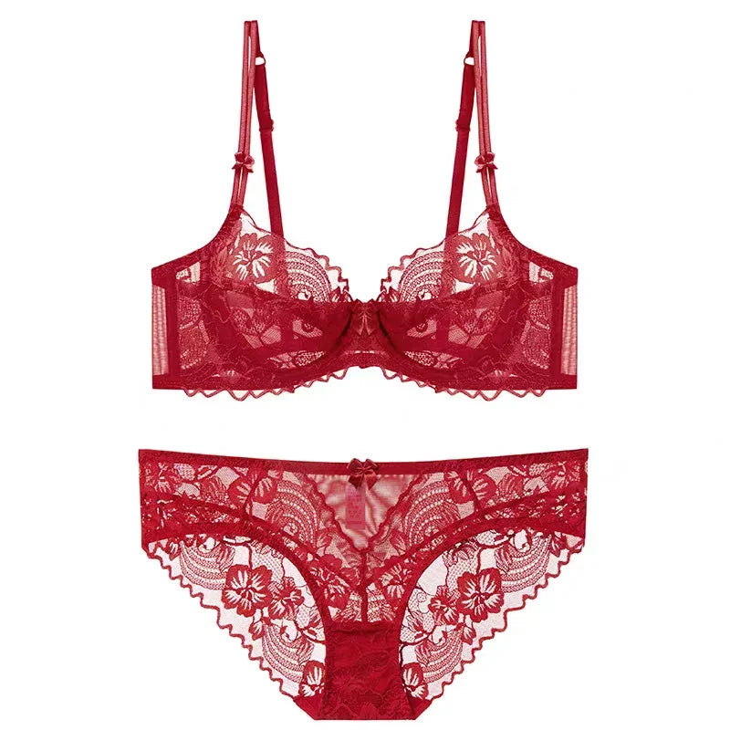 Ultra-Thin French Floral Lace Balconette Bra and Sheer Panty Set