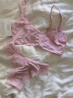 Minimalist Light Pink Wire-Free Lounge Bralette and Brief Set with Delicate Lace Edging