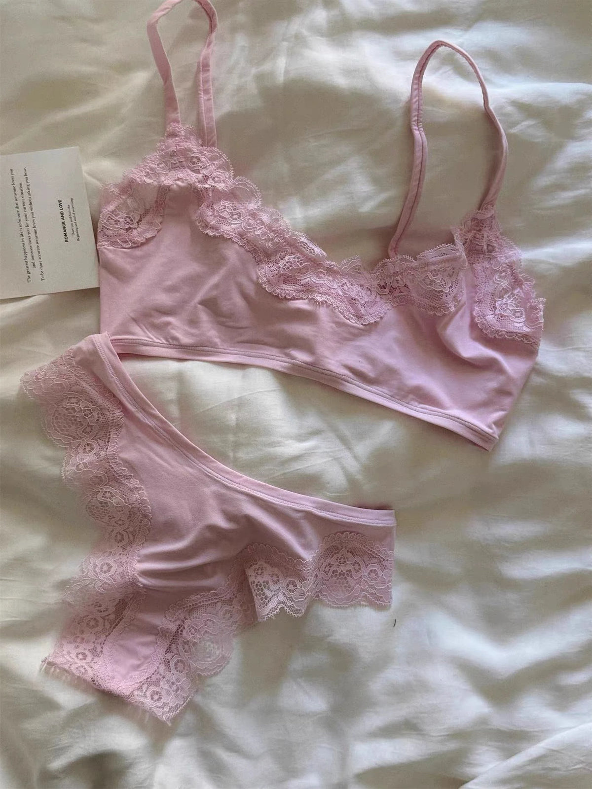 Minimalist Light Pink Wire-Free Lounge Bralette and Brief Set with Delicate Lace Edging