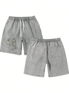 Men's Washed Cotton Shorts with Graphic Artwork and Relaxed Drawstring Everyday Casual Fit