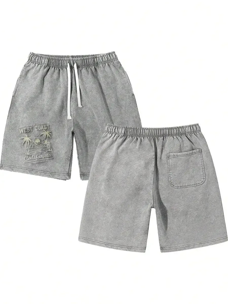 Men's Washed Cotton Shorts with Graphic Artwork and Relaxed Drawstring Everyday Casual Fit