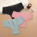 Three-Piece Ribbed Cotton-Blend Bikini Panty Set with Scalloped Lace Trim