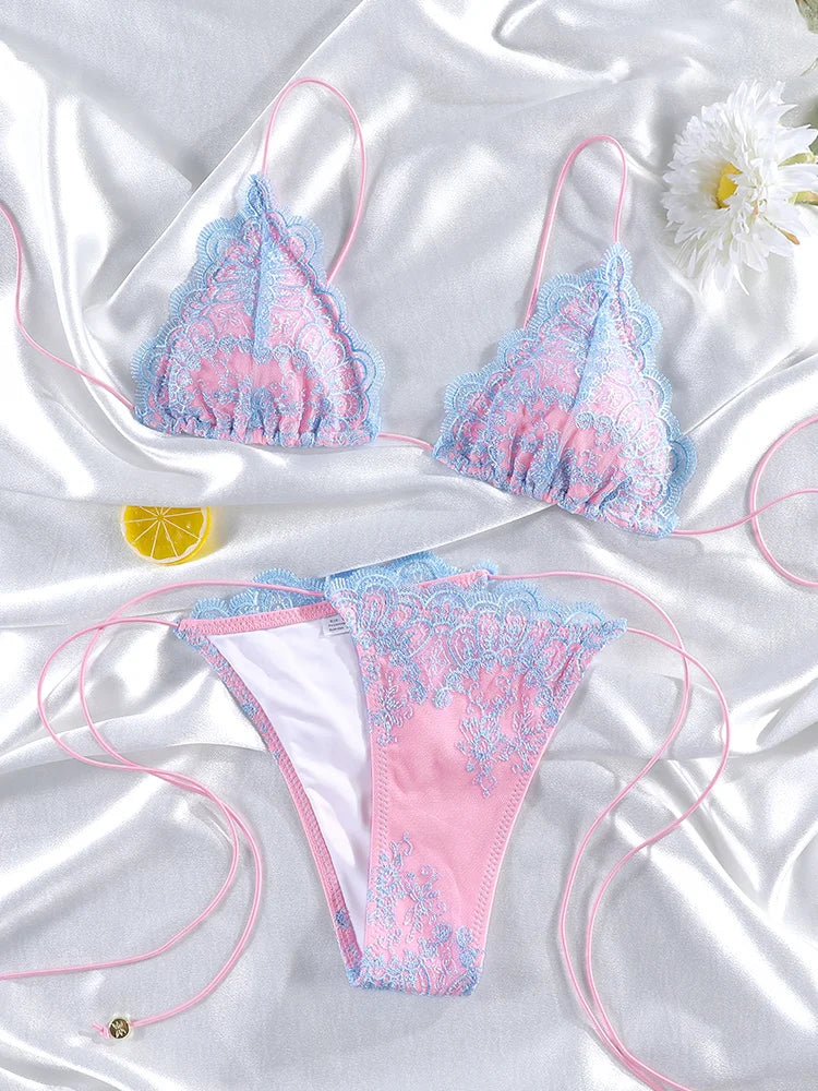 Pink and Blue Lace-Trimmed Triangle String Bikini Set