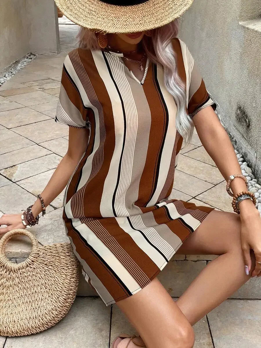 Striped Notched Neck Relaxed Short Sleeve Mini Dress for Everyday Style