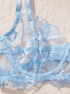 Serene Blue Sheer Mesh and Floral Embroidered Underwire Lingerie Set