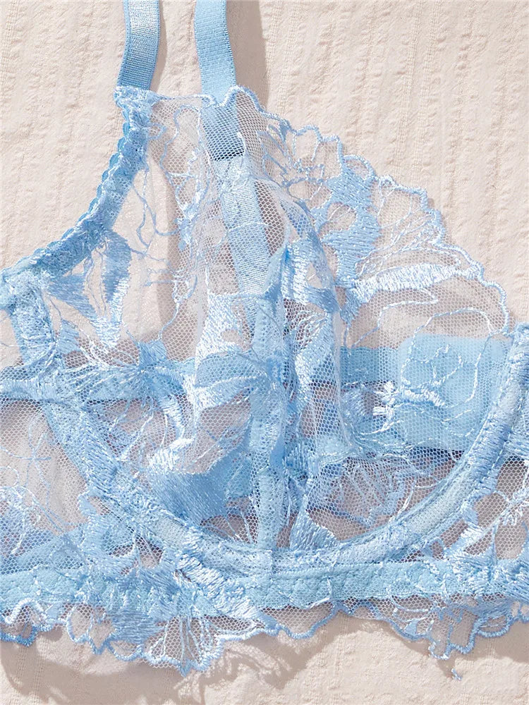 Serene Blue Sheer Mesh and Floral Embroidered Underwire Lingerie Set