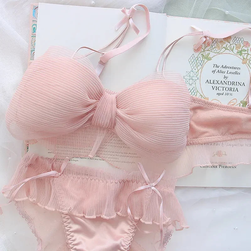 Ruffled Tulle Statement Bow Wire-Free Bralette and Matching Frilled Low-Rise Panty Set
