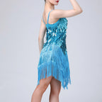 Dazzling White Sequin and Tassel Fringe Mini Dress with V-Neckline