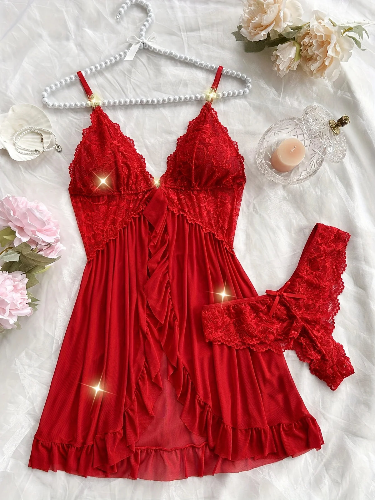 Lace Camisole and Shorts Pajama Set with V-Neckline, Bow Detail, Delicate Lace Trim and Ruffled Hem