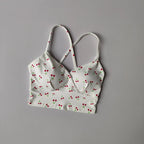 Playful Cherry Print Longline Sports Bra with Strappy Criss-Cross Back
