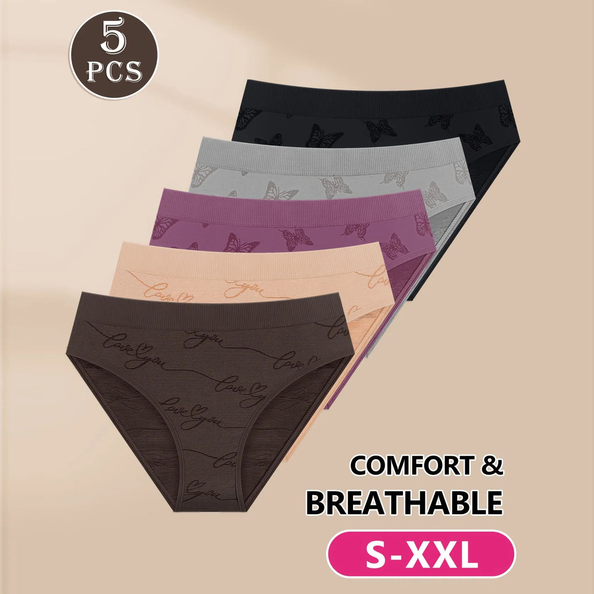 5-Piece Women’s Butterfly Print Low-Rise Briefs Set with Colorful Patterns, Smooth Silhouette and Playful Feminine Design
