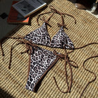 Fierce Leopard Print Plunge Triangle Bikini Set with Metallic Ring Accents