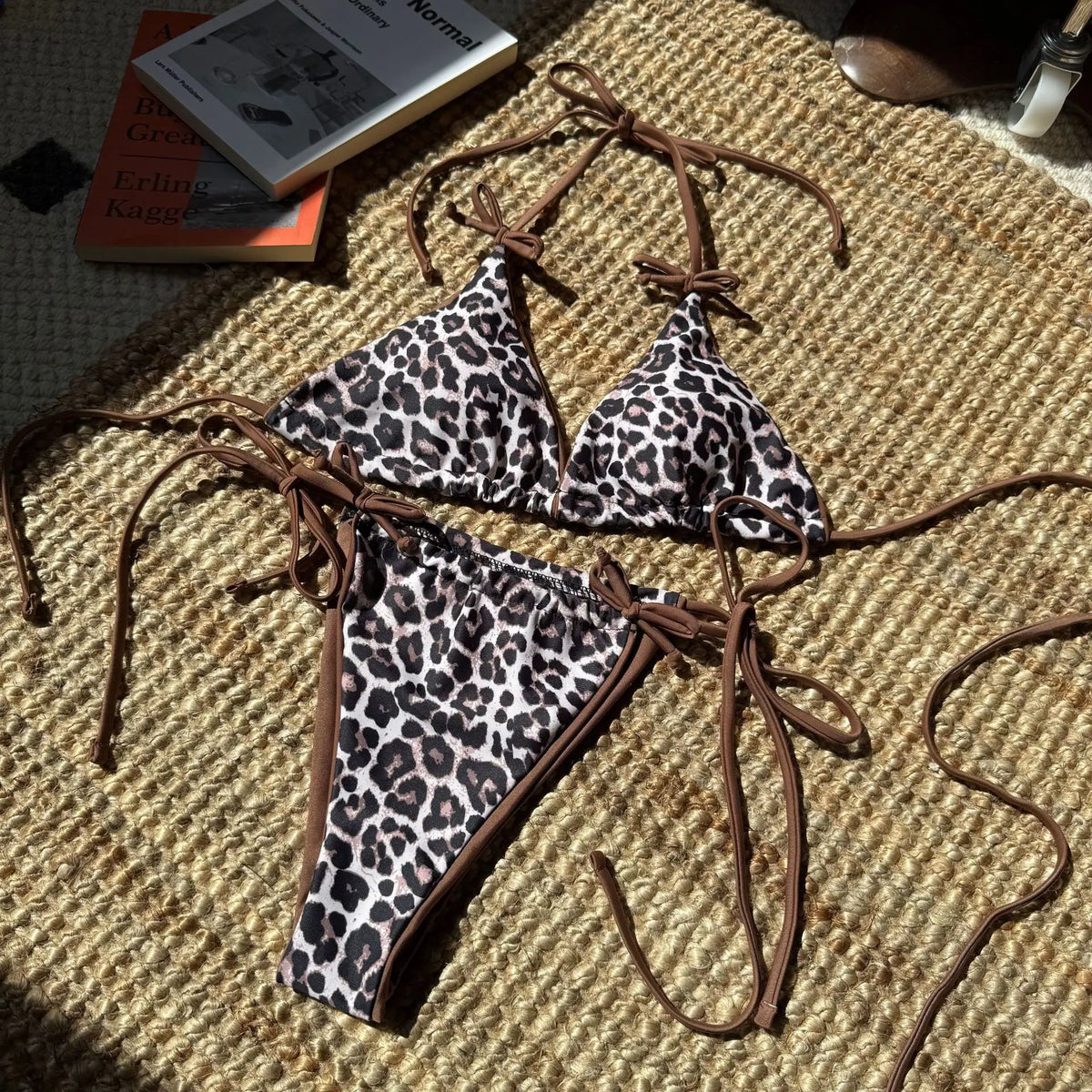 Fierce Leopard Print Plunge Triangle Bikini Set with Metallic Ring Accents