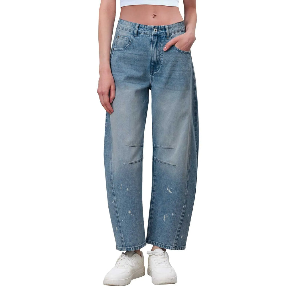 Women's Mid Rise Cropped Barrel Leg Stretch Denim Jeans with Relaxed Streetwear Fit