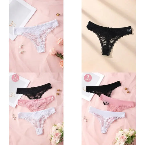 3-Piece Women’s Floral Lace Thong Set with Sheer-Look Panels, Low-Rise Silhouette and Assorted Feminine Colors
