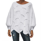 Women's Textured Knit Sweater with Cutout Pattern and Irregular Hem Design