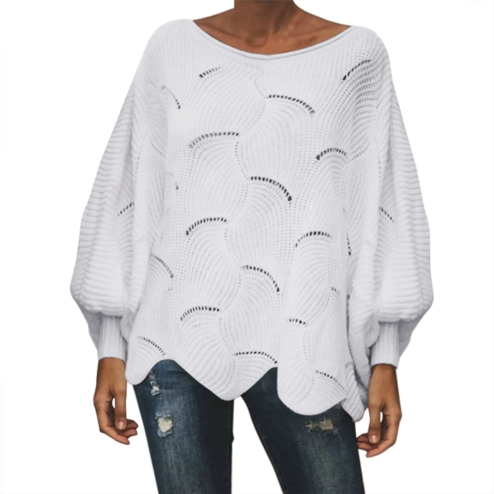 Women's Textured Knit Sweater with Cutout Pattern and Irregular Hem Design