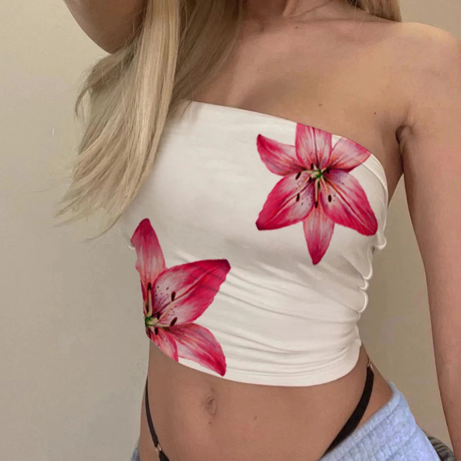 Women's Strapless Floral Print Crop Top with Slim Fit Summer Streetwear Silhouette