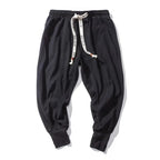 Men's Cotton Linen Drop Crotch Harem Pants with Elastic Waist Relaxed Casual Streetwear Style