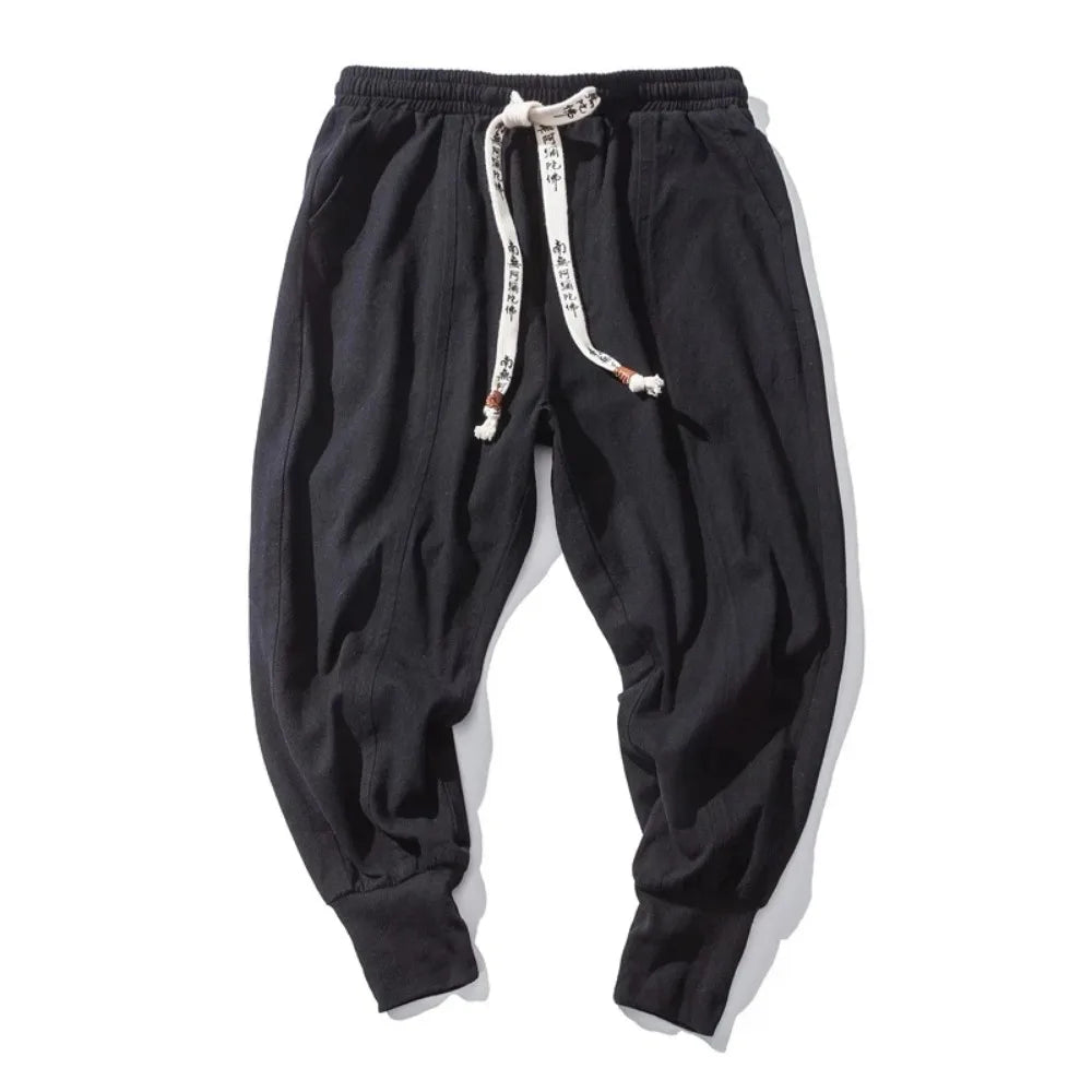 Men's Cotton Linen Drop Crotch Harem Pants with Elastic Waist Relaxed Casual Streetwear Style